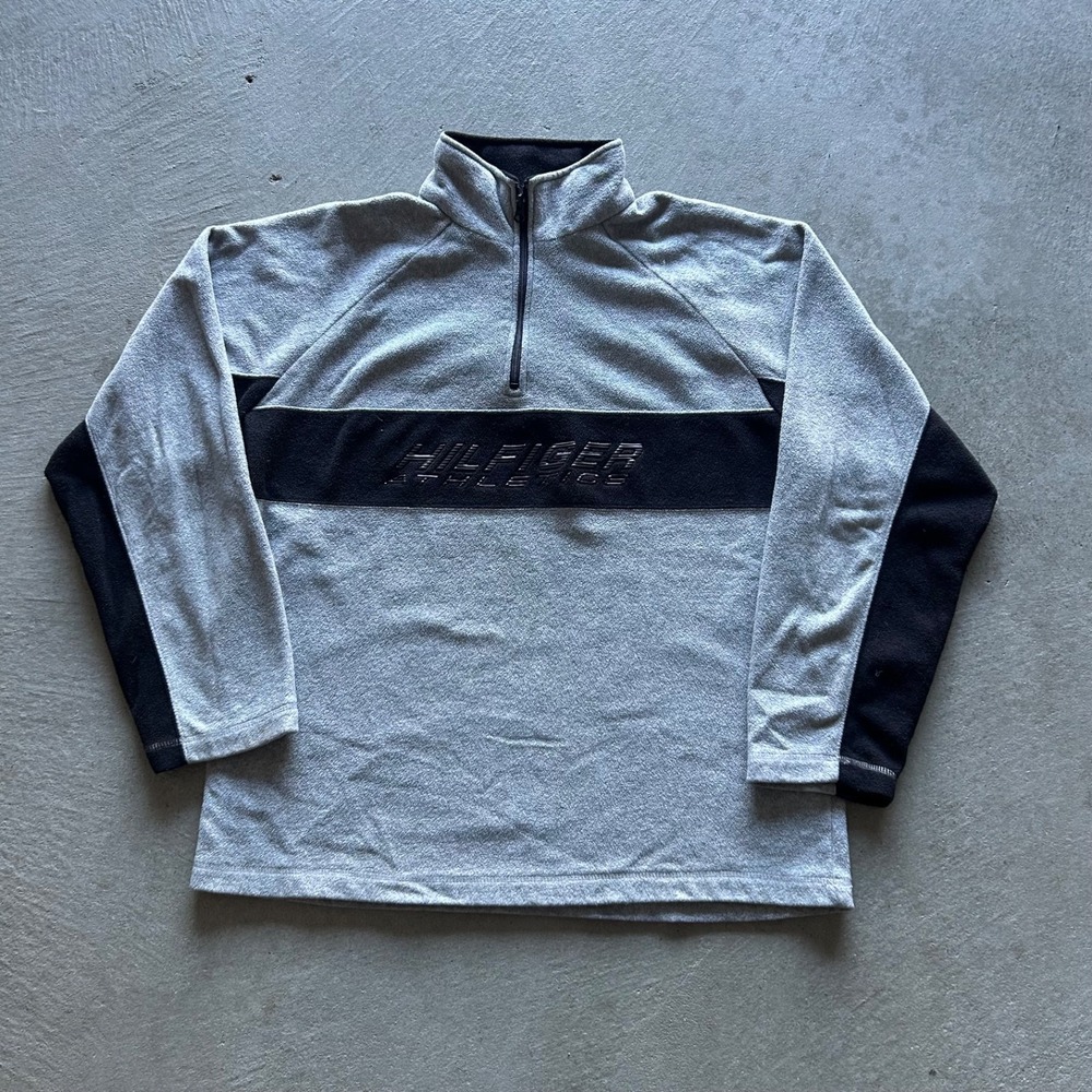 Vintage 90s Tommy Hilfiger Athletics 1/4 Zip Sweatshirt Size Large Gray Fleece